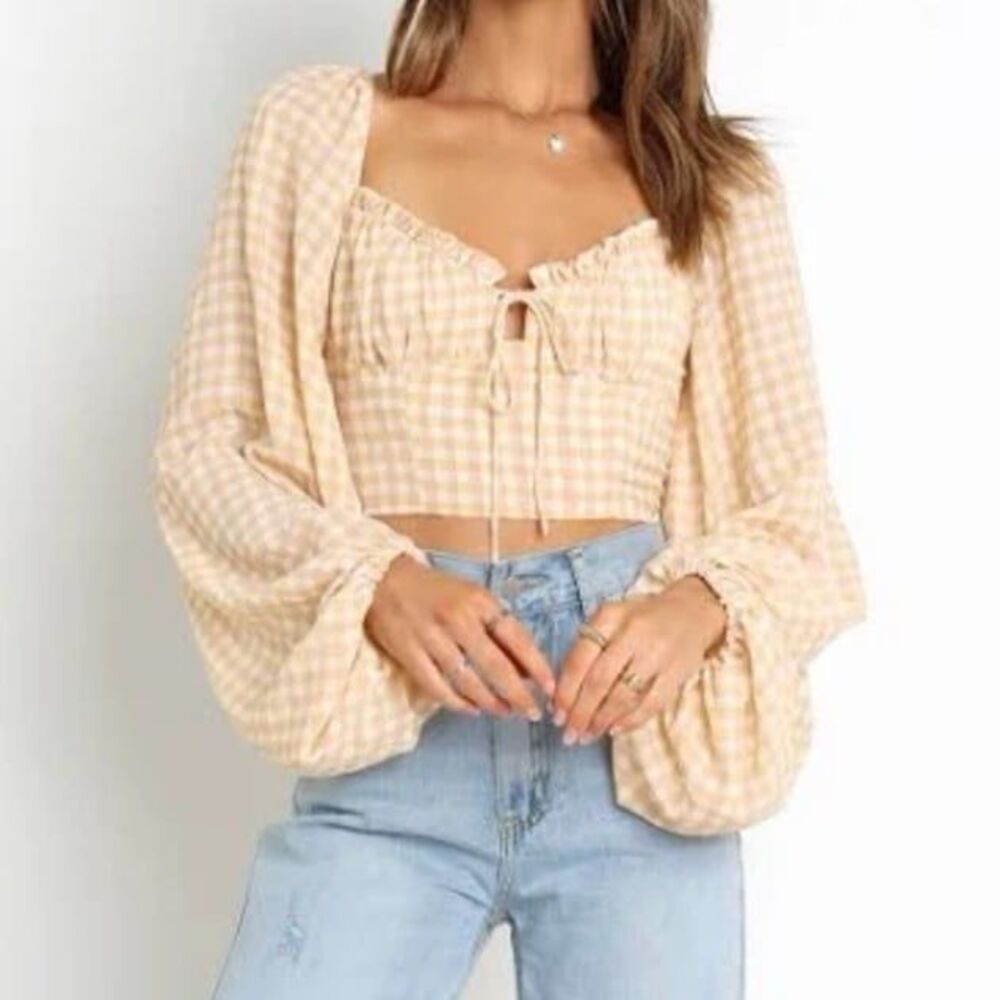 Gingham plaid neutral tan puffed sleeve cottagecore coquette blouse